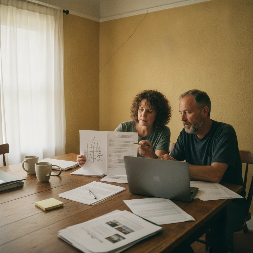 Home buyers reviewing a stamped structural inspection report at the dining table in Clayton