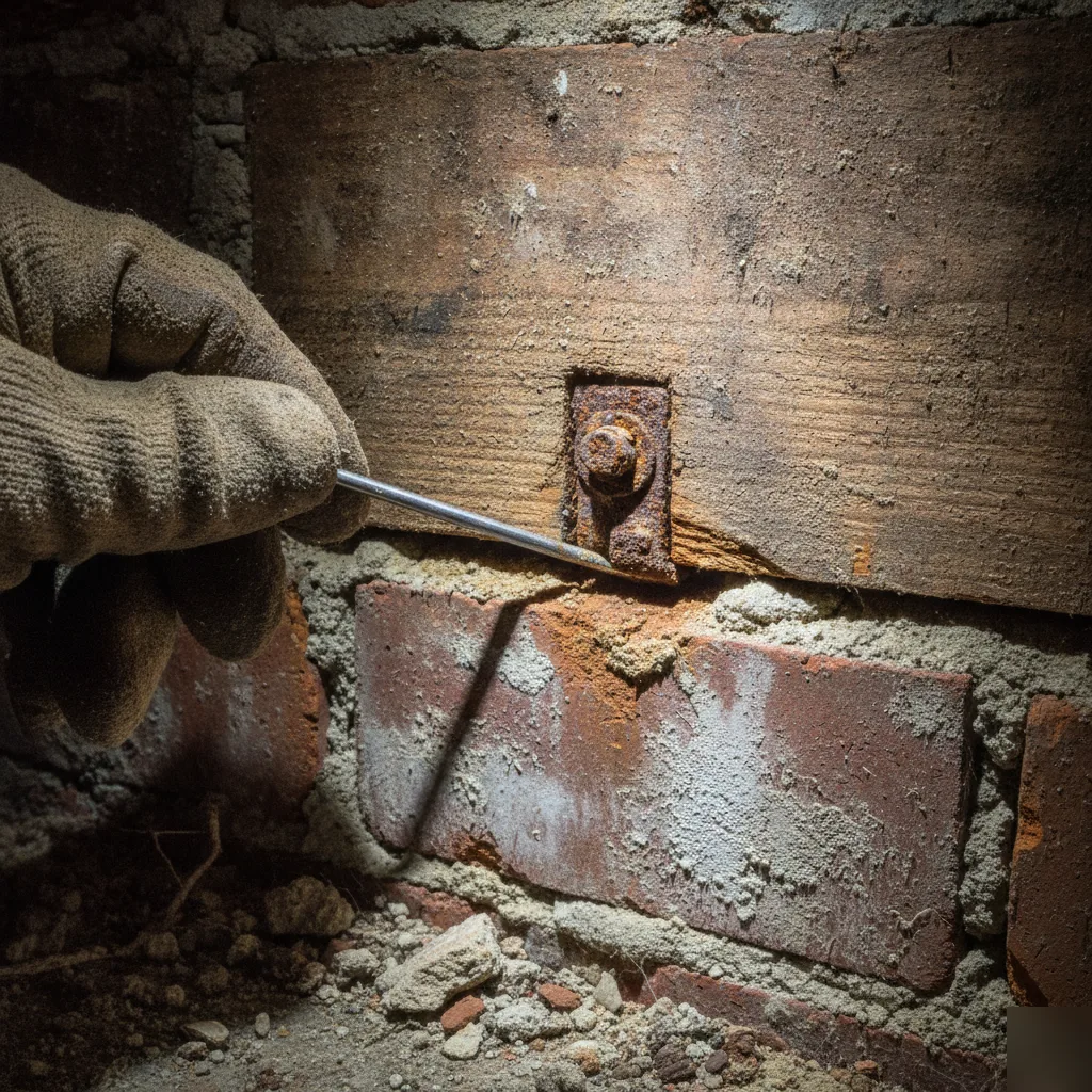 Joist-to-foundation connection inspected in a Clayton crawl space during a renovation inspection