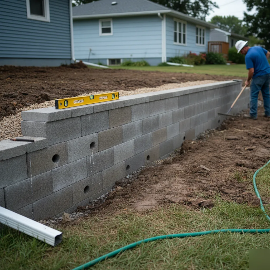 Completed CMU block retaining wall with proper backfill in Clayton