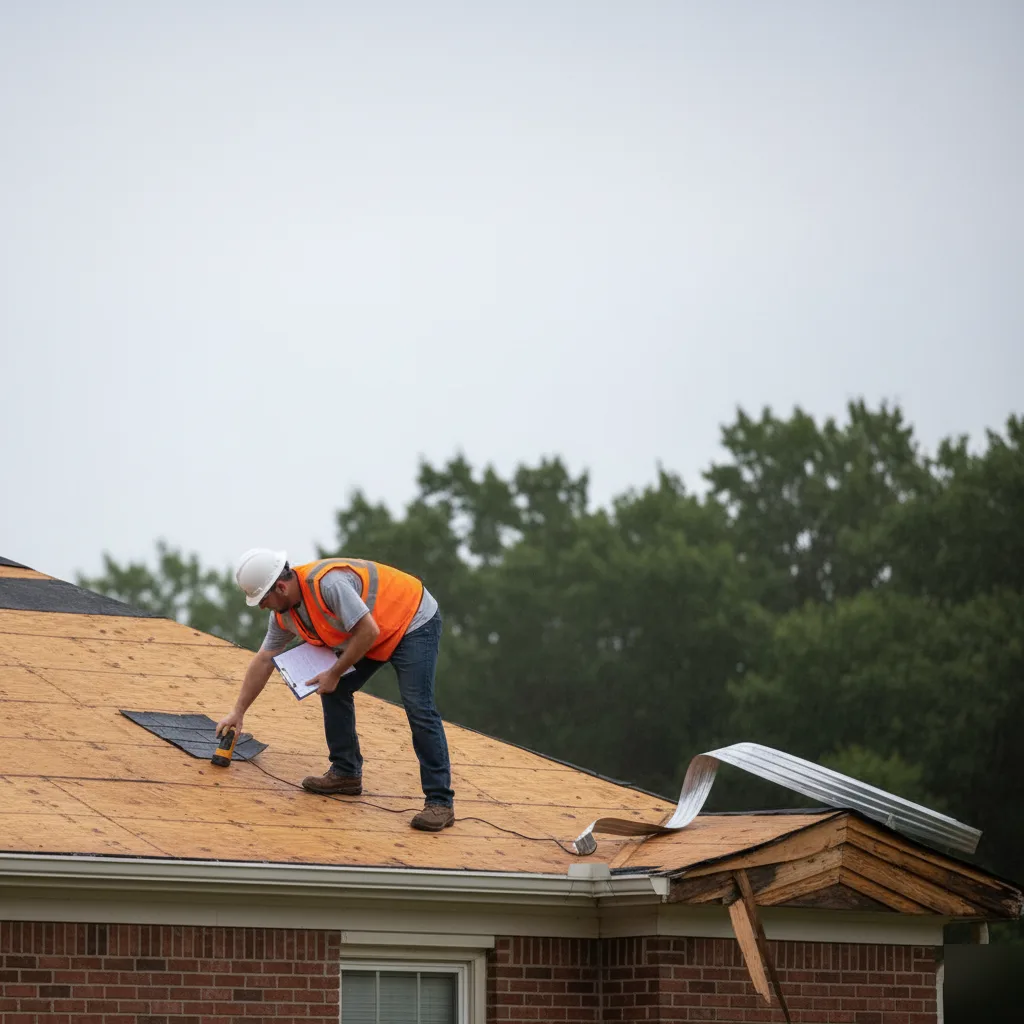 Engineer inspecting storm and wind damage on a Clayton roof