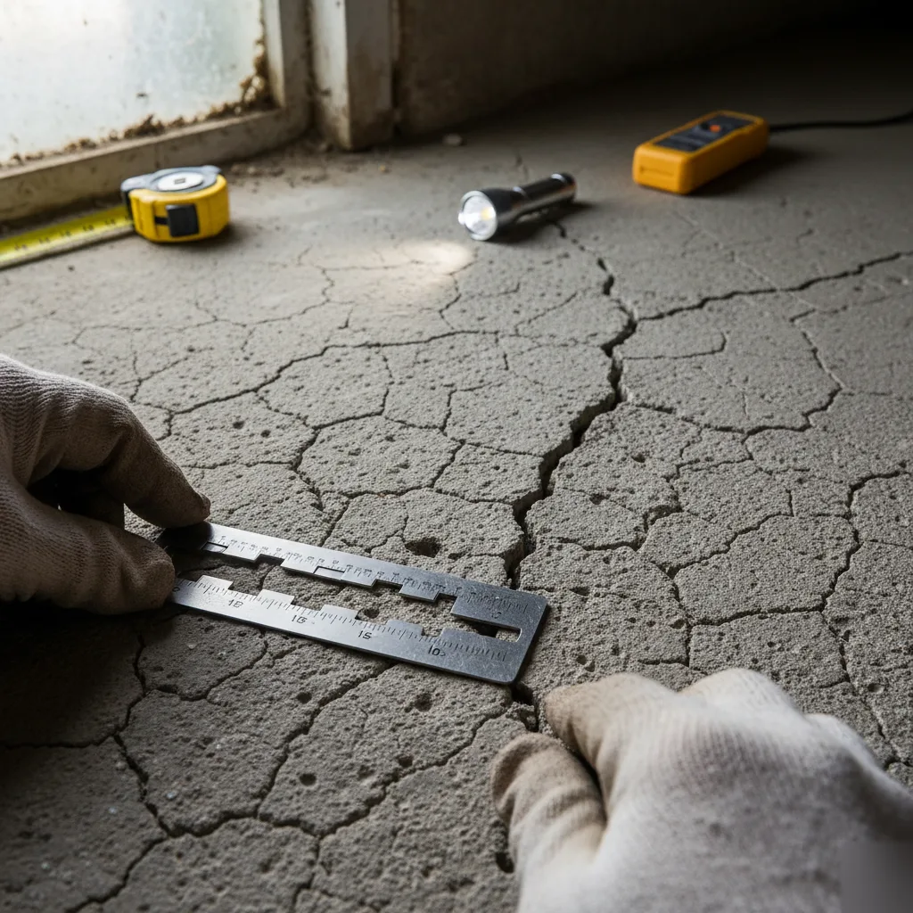 Measuring a concrete slab crack with a comparator during a Clayton structural damage inspection