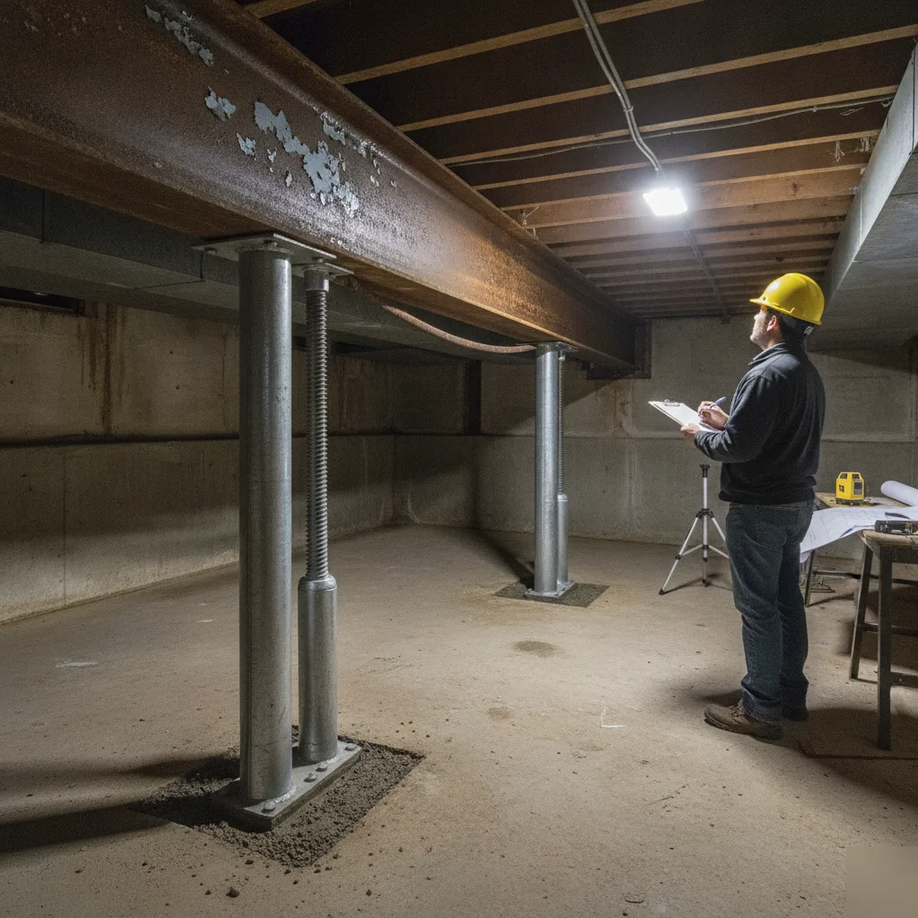 Sagging beam corrected with a new support column after a Clayton structural damage inspection