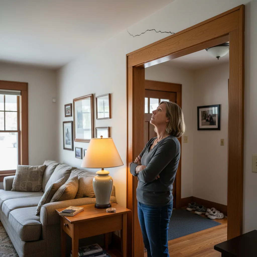 Homeowner pointing out a drywall crack above a door header in a Clayton home