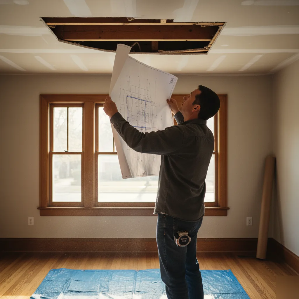 Homeowner comparing a structural drawing against existing framing in Clayton