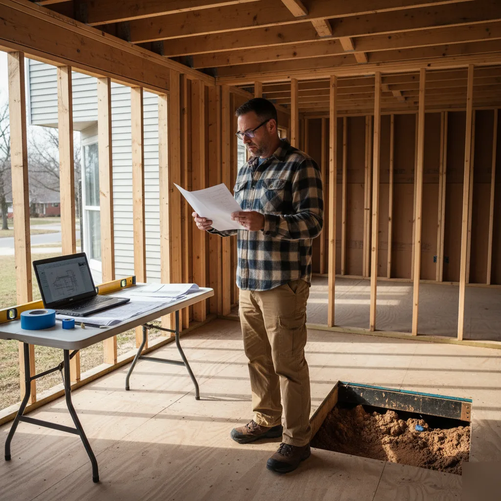 Engineer reviewing a structural peer review report with a Clayton property owner