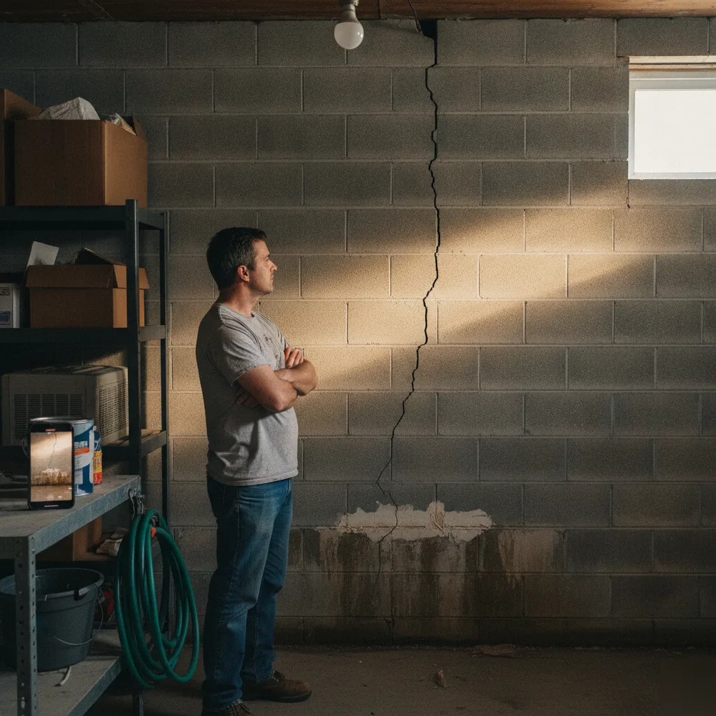 Homeowner inspecting a cracked basement wall in a Clayton home
