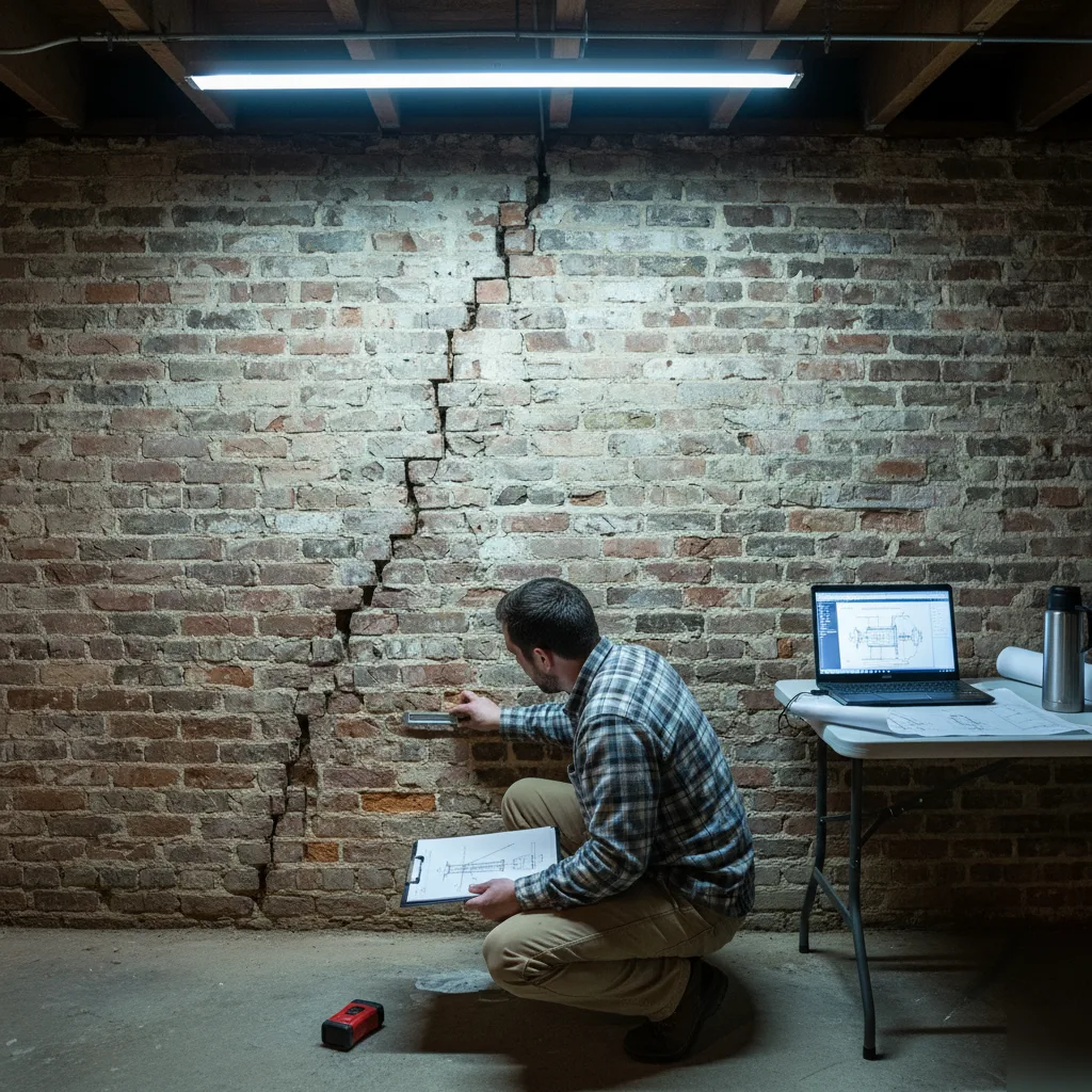 Cracked brick foundation under structural repair design assessment in Clayton