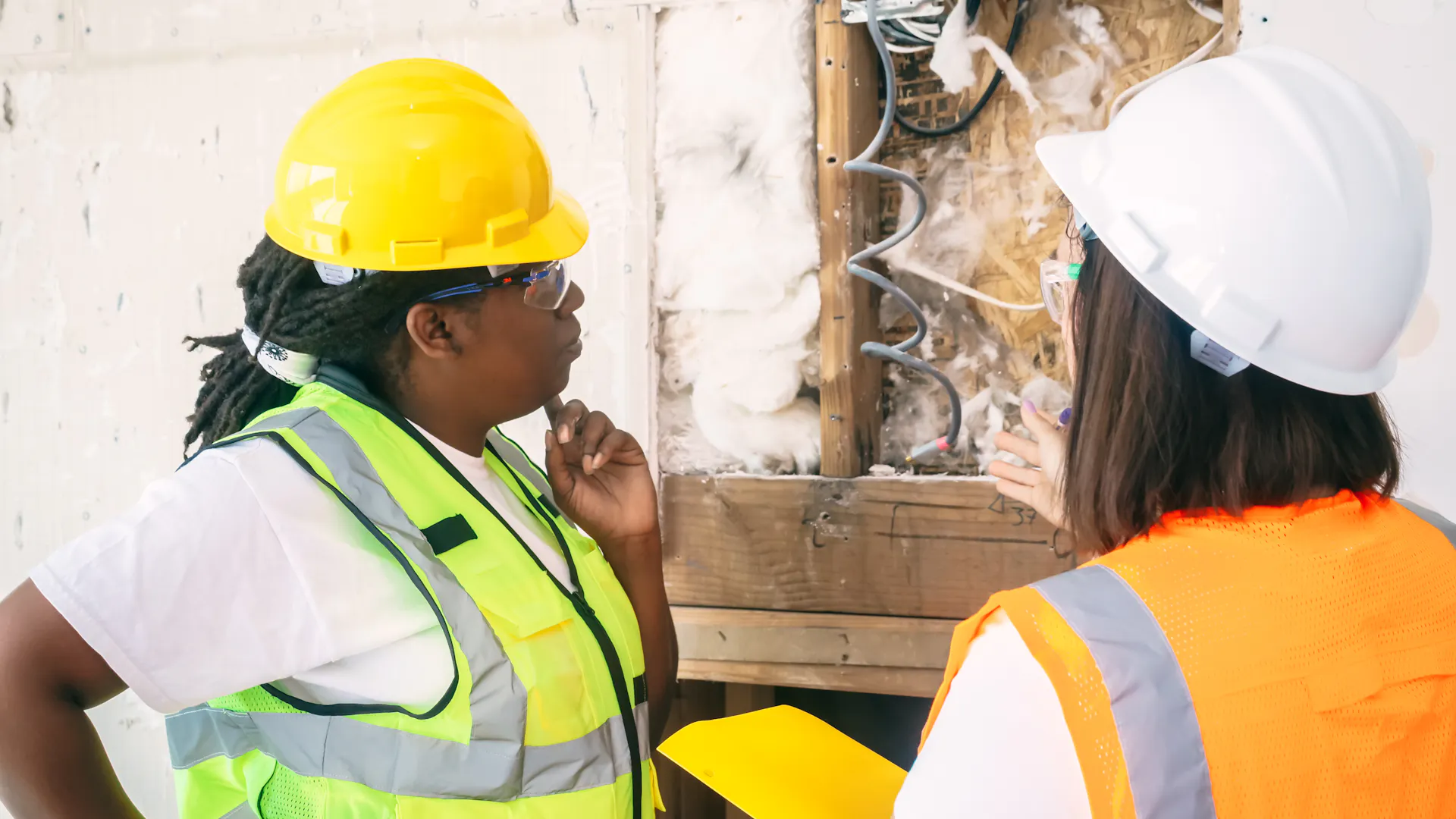 Engineers in safety gear documenting structural conditions during a construction defect inspection in Chesterfield