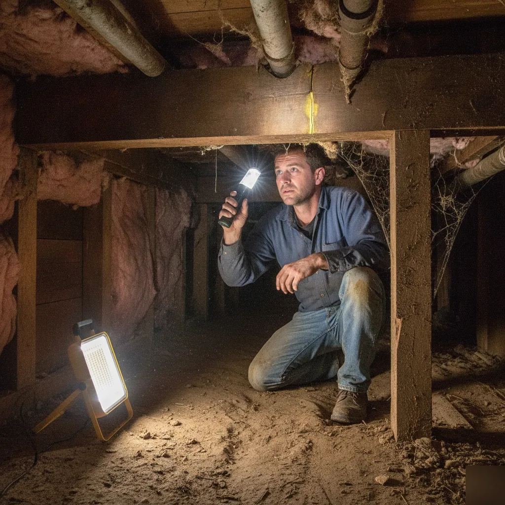 Crawlspace beam inspection revealing structural warning signs in a Chesterfield home