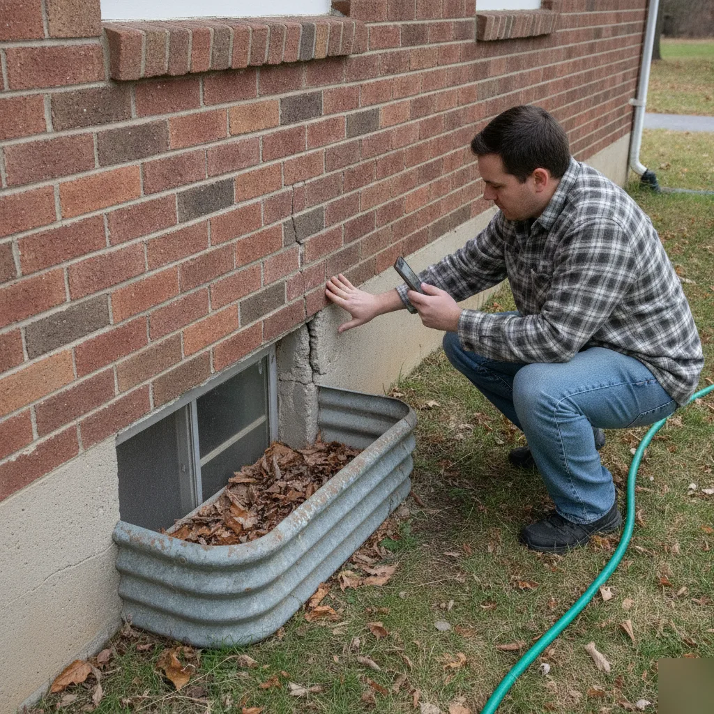 Foundation crack inspection in progress at an older Chesterfield home