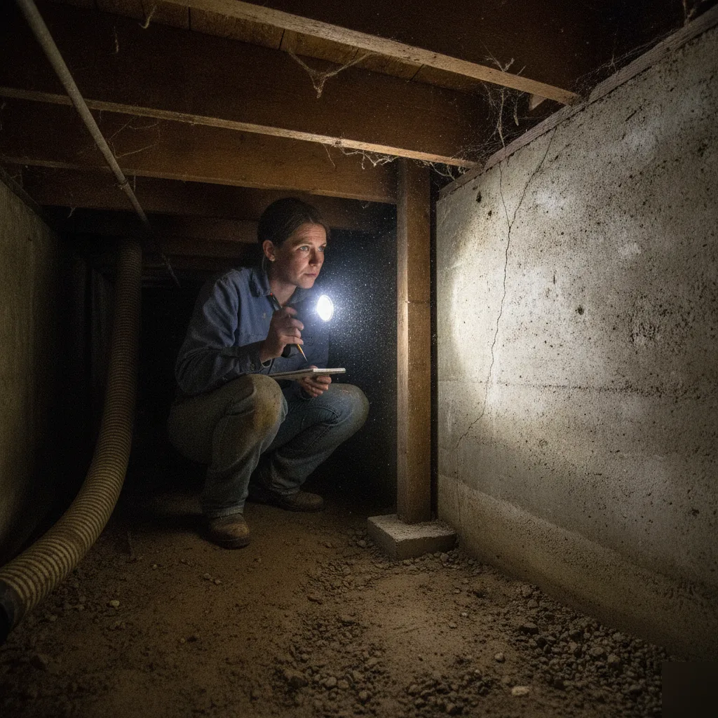 Foundation inspection in the crawlspace of a Chesterfield ranch home