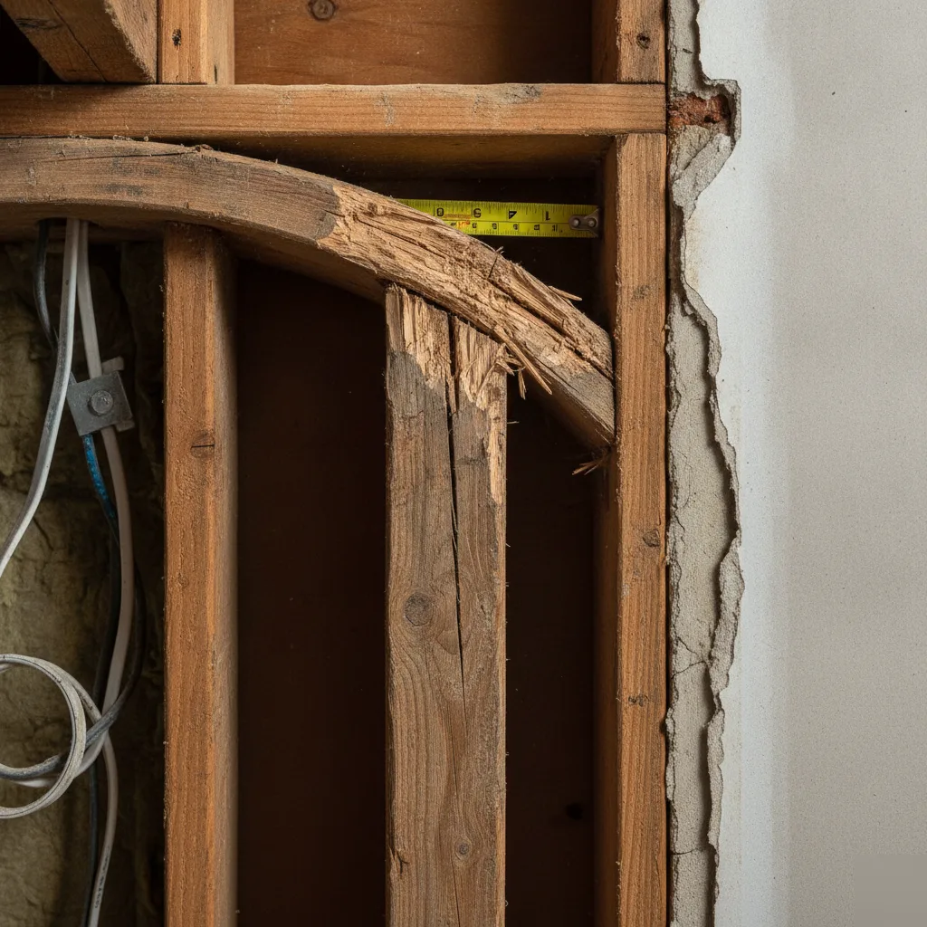 Improper beam support causing structural failure in a load-bearing wall framing