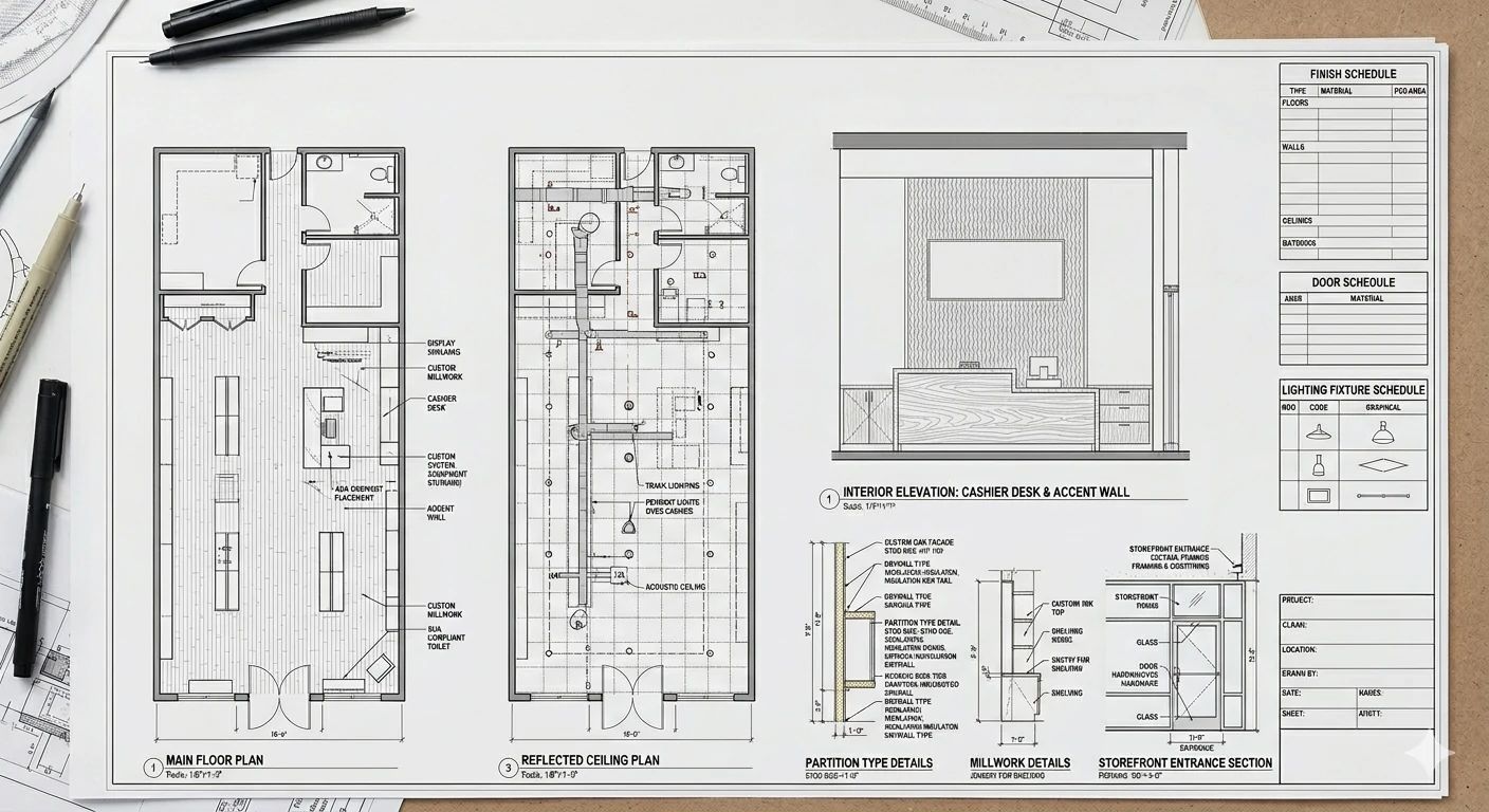 Light commercial buildout design drawings for a Chesterfield retail space