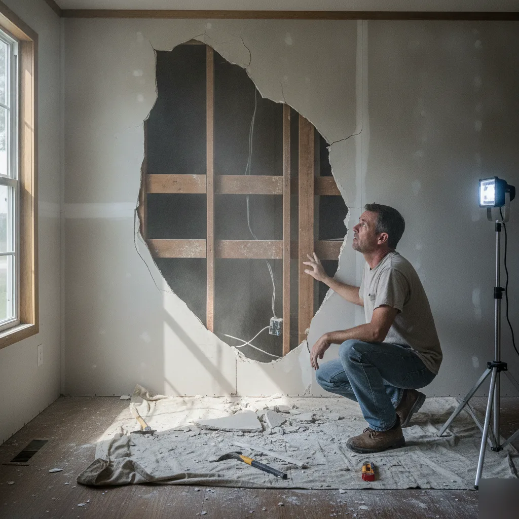 Load-bearing wall demolition inspection inside a Clayton home