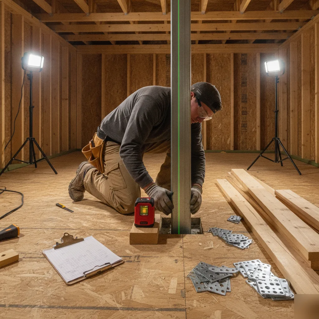 Steel column alignment check under a home addition in Clayton