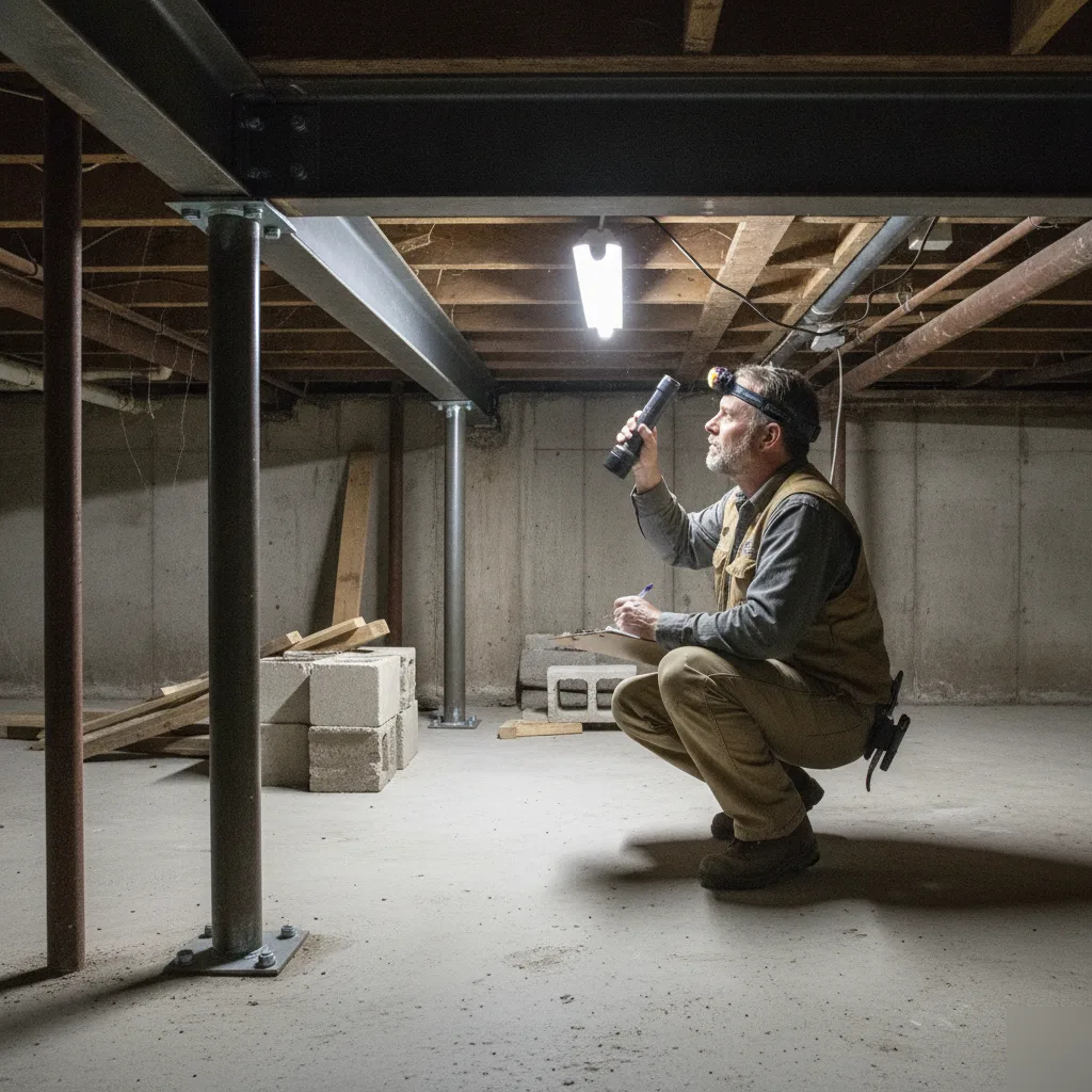 Structural engineer inspecting beam installation in a Clayton home basement