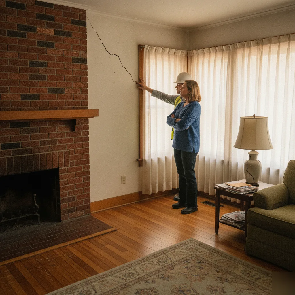 Structural engineer inspecting a wall crack during a Clayton site visit