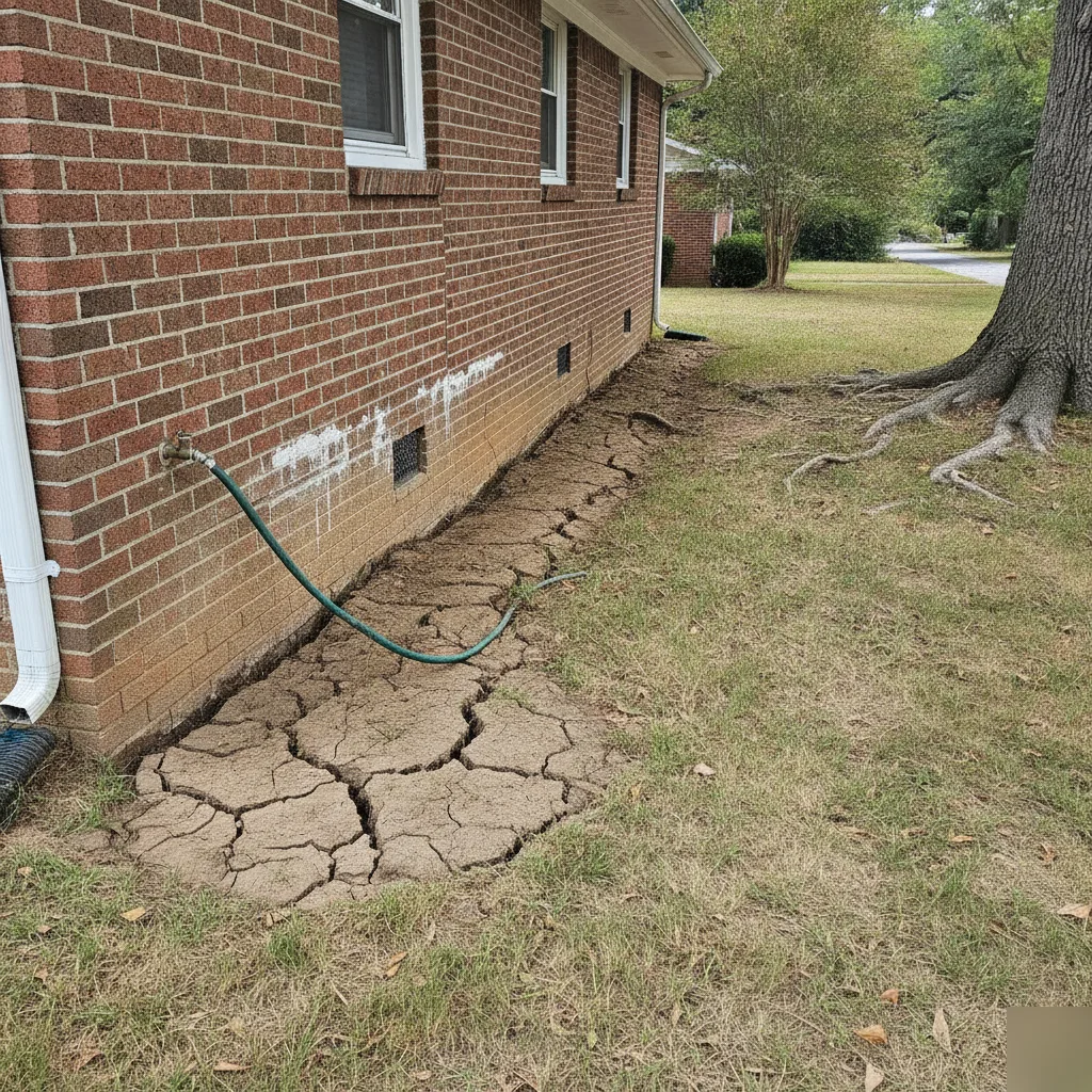 Brick ranch home in Clayton built on expansive clay soil prone to seasonal foundation movement