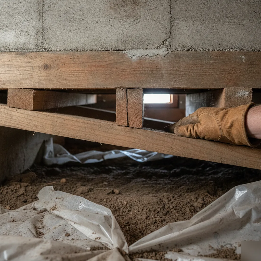 Gap between crawl space floor joist and sill plate revealed during a Clayton foundation inspection