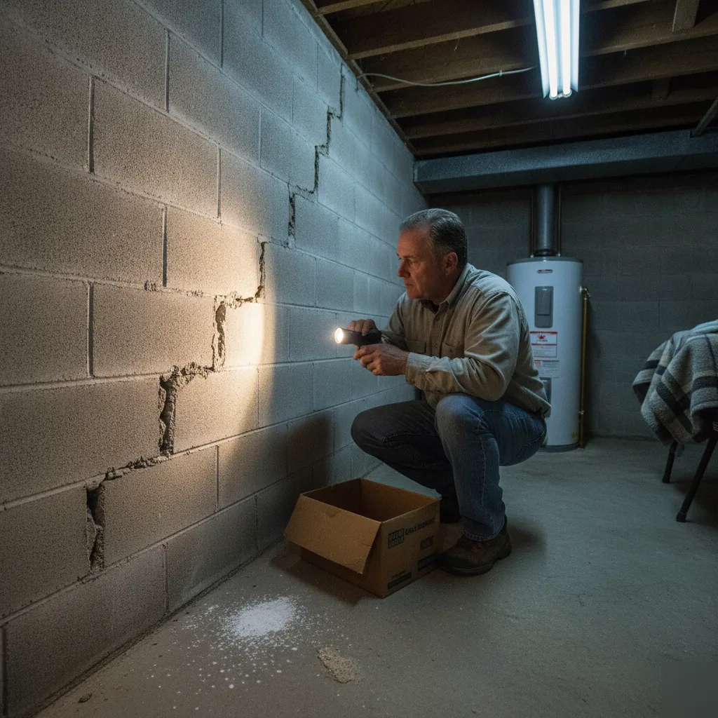 Homeowner reviewing a foundation crack with a structural engineer in a Clayton basement