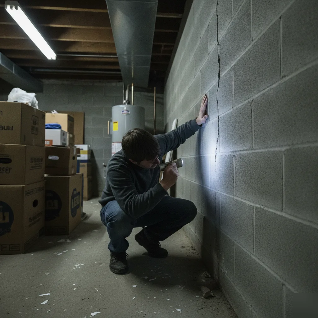Foundation crack inspection of a basement wall in a Chesterfield home