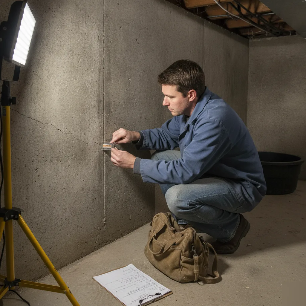Structural engineer measuring a foundation crack during an inspection in Chesterfield