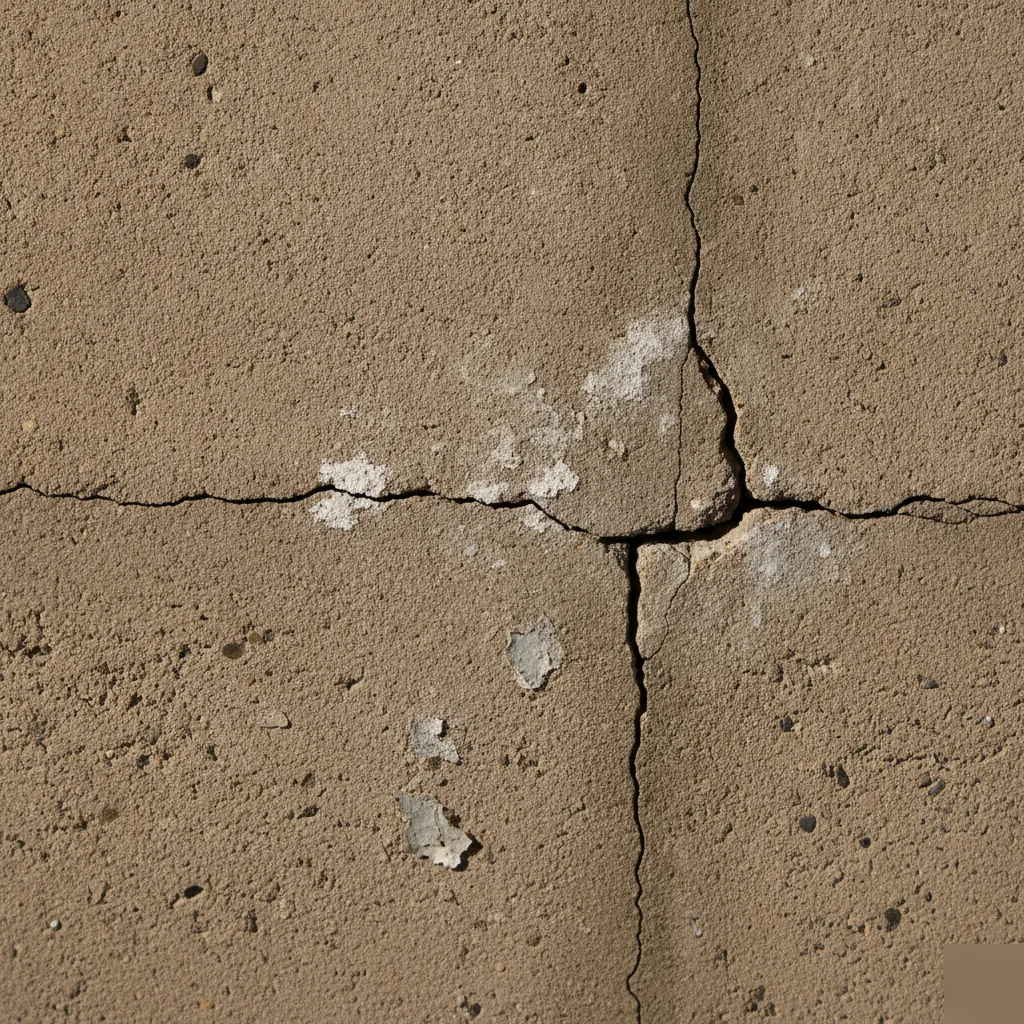 Comparison of foundation crack types on a concrete wall — vertical, horizontal, diagonal, and stair-step patterns