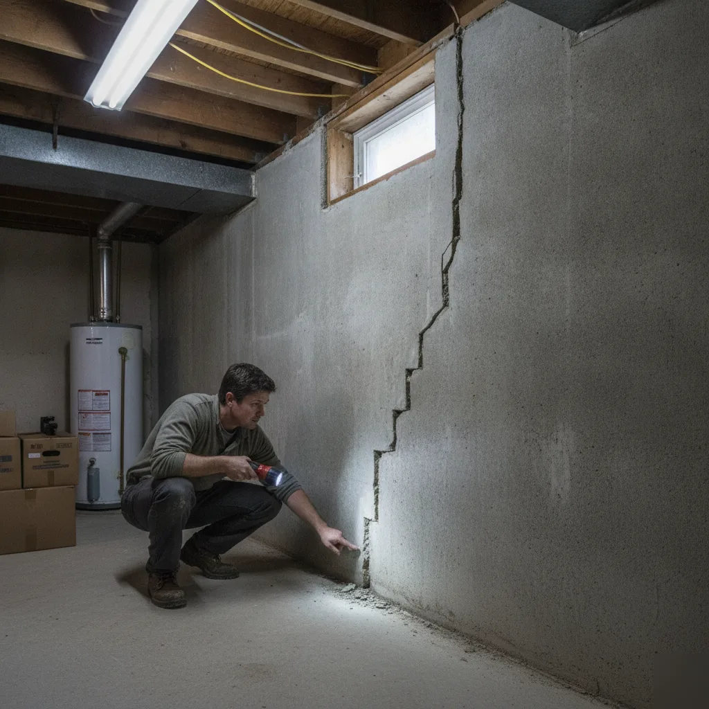 Crack in a basement foundation wall flagged during a Chesterfield home inspection