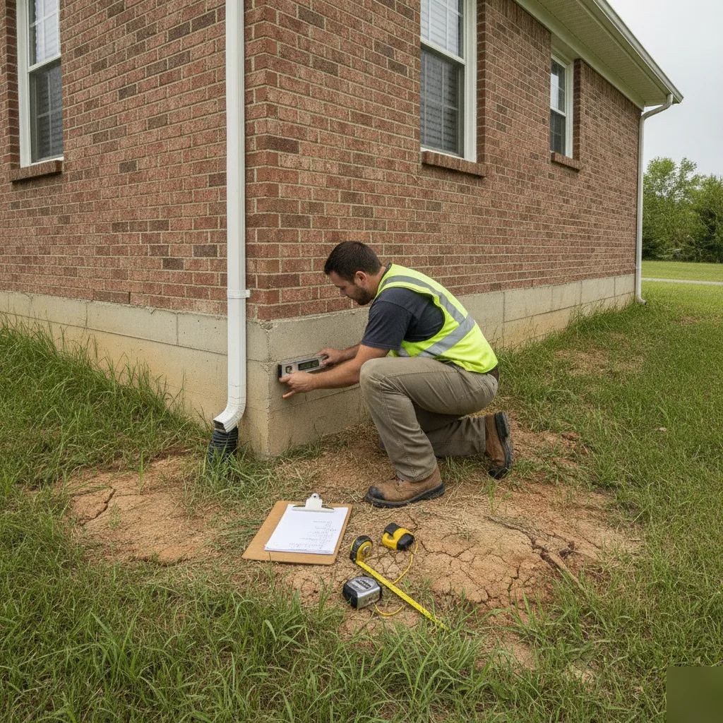 Engineer performing an exterior foundation assessment on a Chesterfield home before purchase
