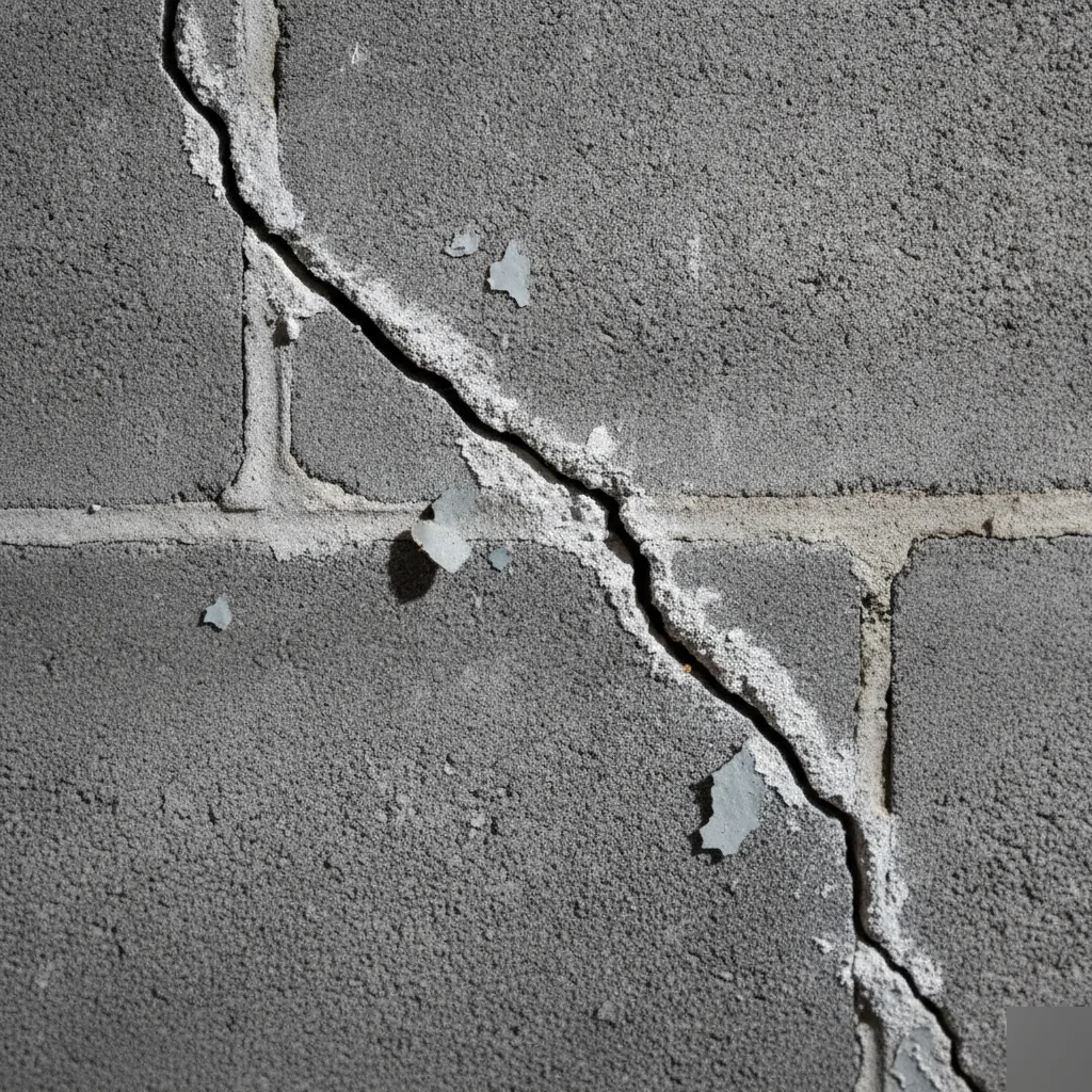 Close-up of a stair-step crack in a block foundation wall caused by uneven settlement