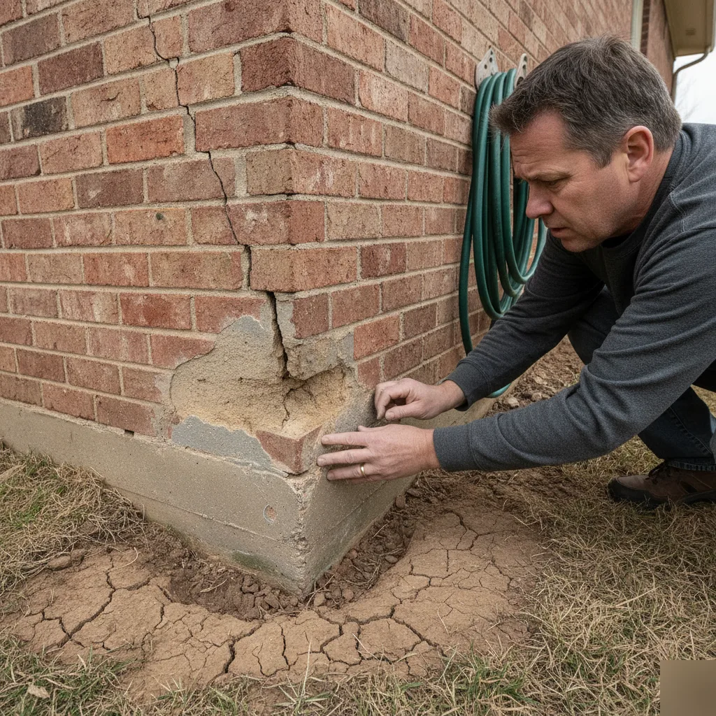 Exterior foundation crack and soil gap caused by clay shrinkage at a Chesterfield home