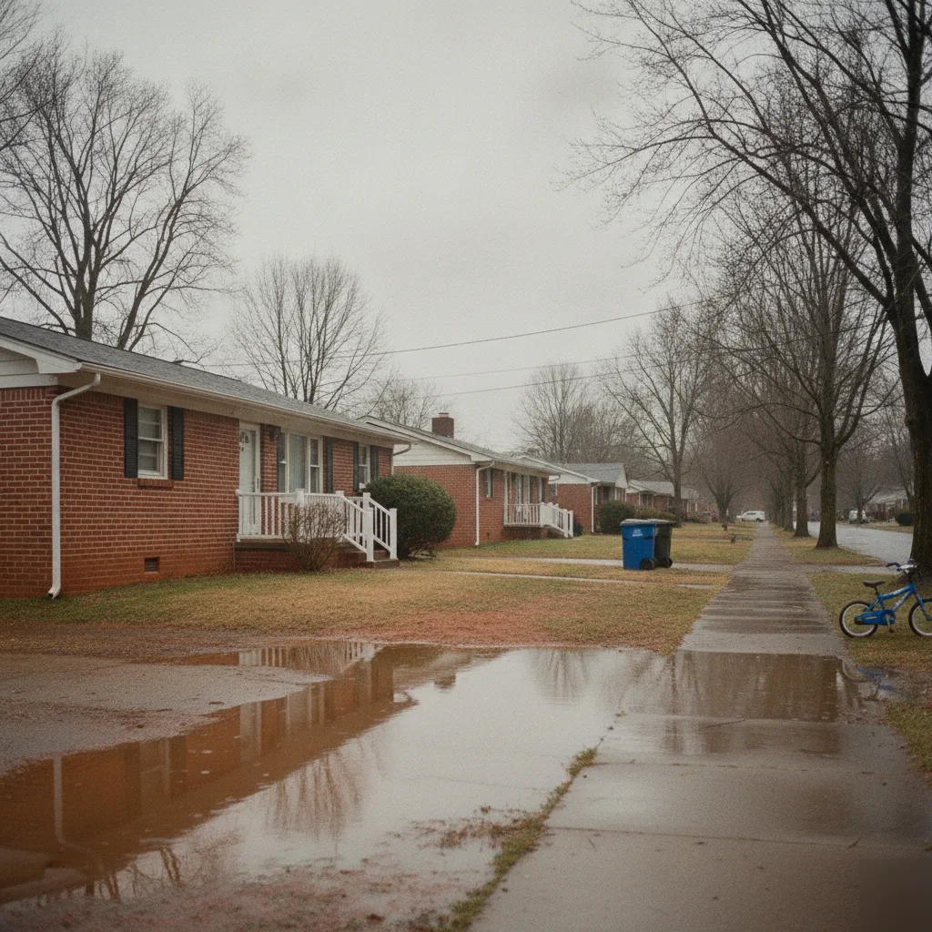 Chesterfield neighborhood during a wet season showing clay soil drainage and foundation risk