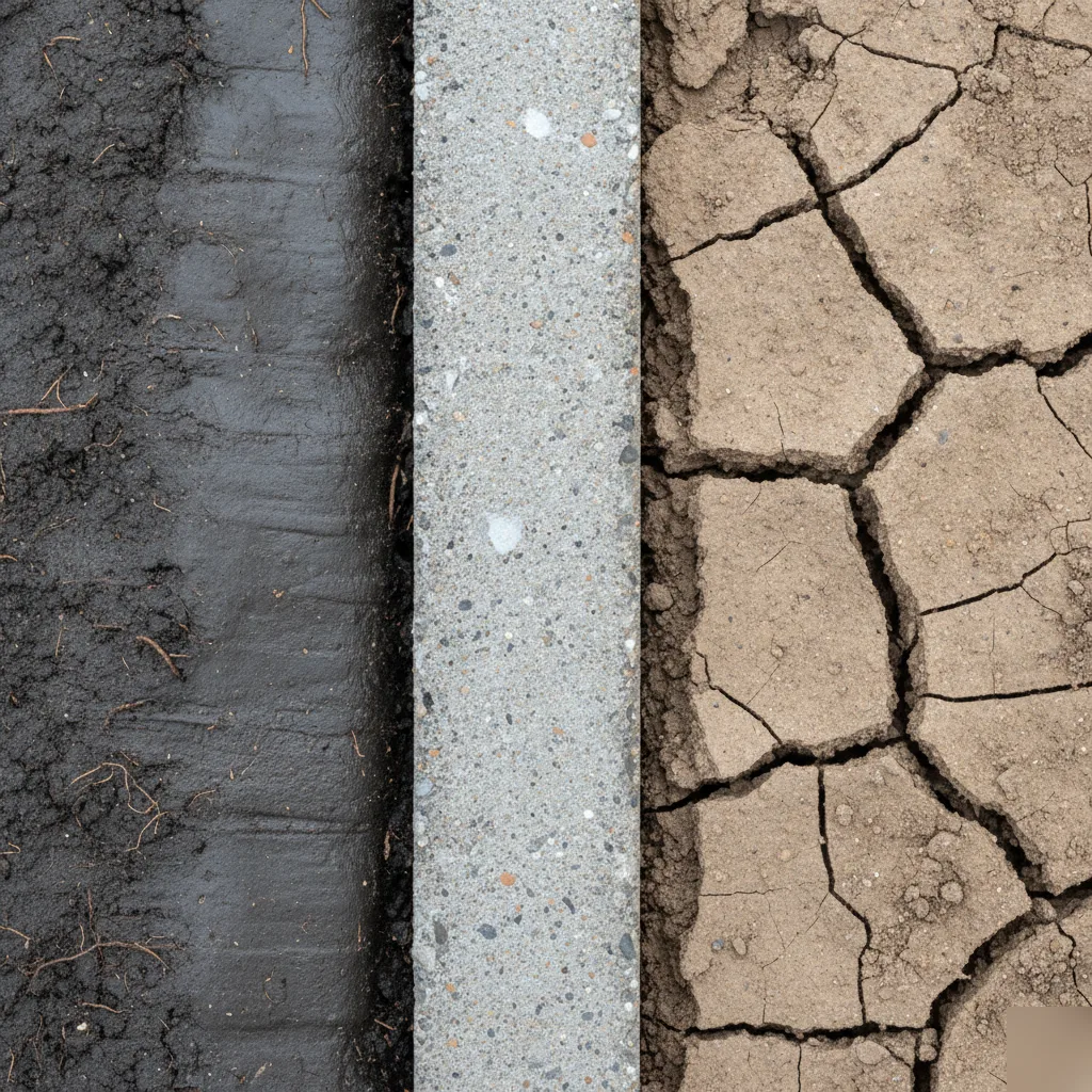 Close-up of clay soil expansion and contraction against a foundation footing
