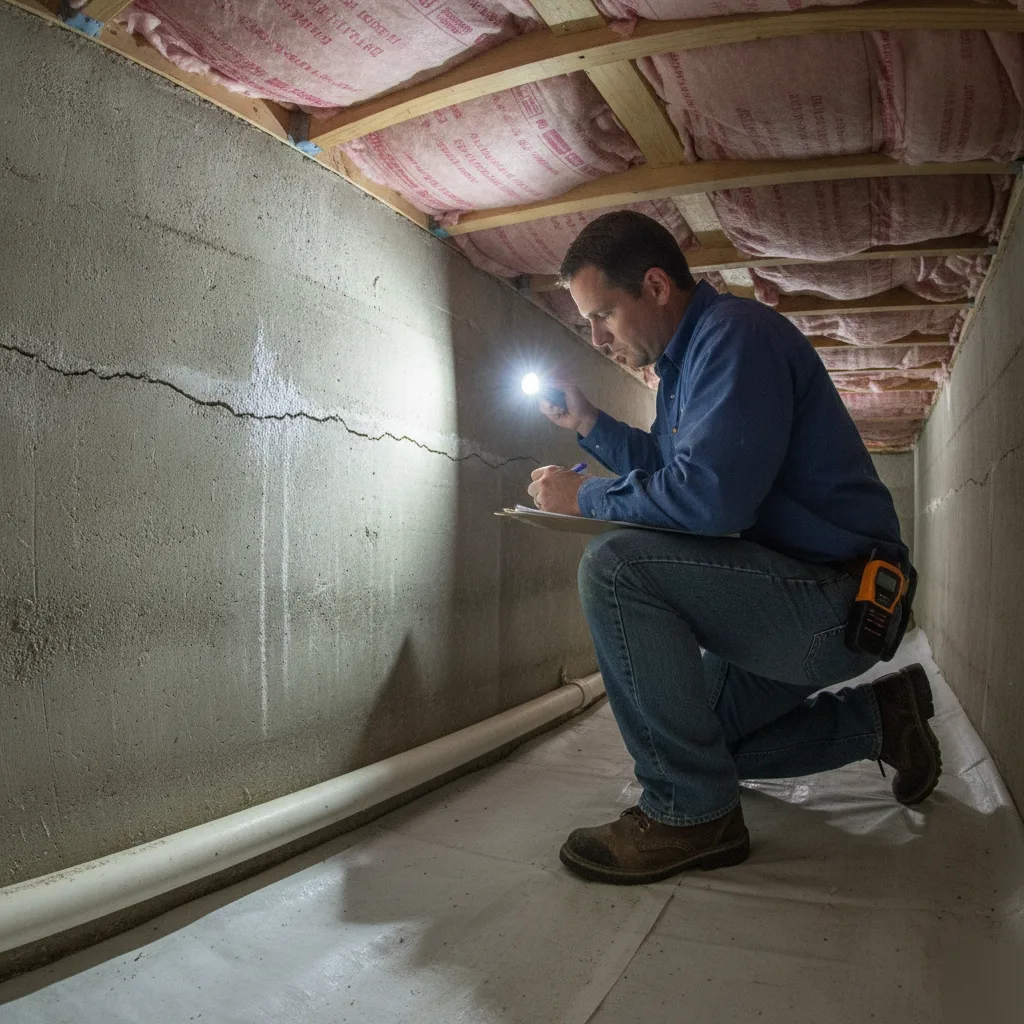 Crawl space foundation wall assessment showing clay soil damage in a Chesterfield home