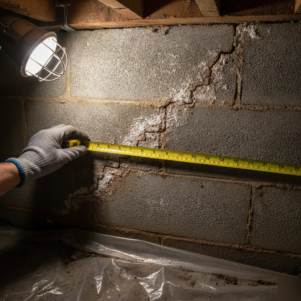 Engineer measuring a foundation crack in a crawl space during a Chesterfield inspection