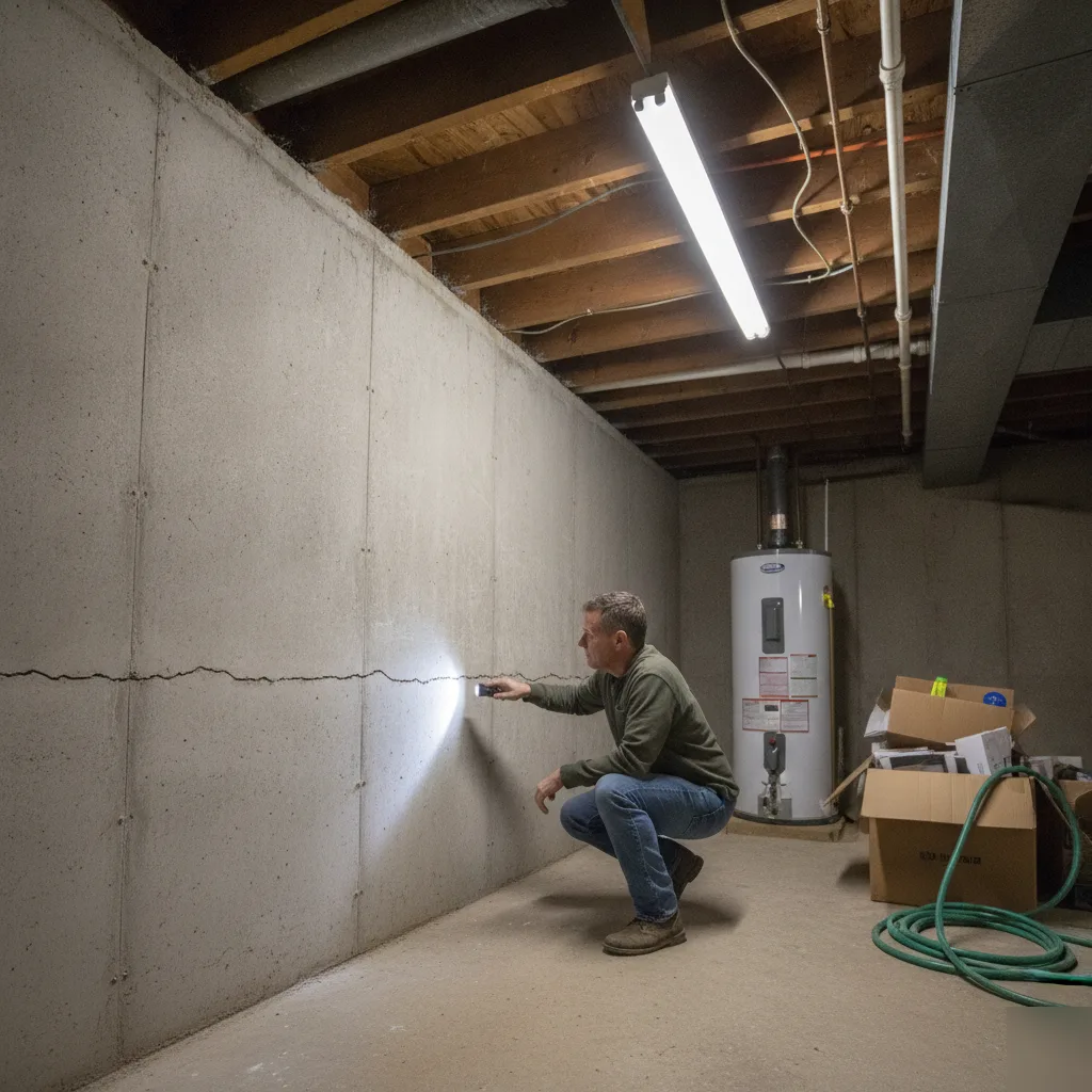 Homeowner reviewing a basement foundation crack during an inspection in Chesterfield