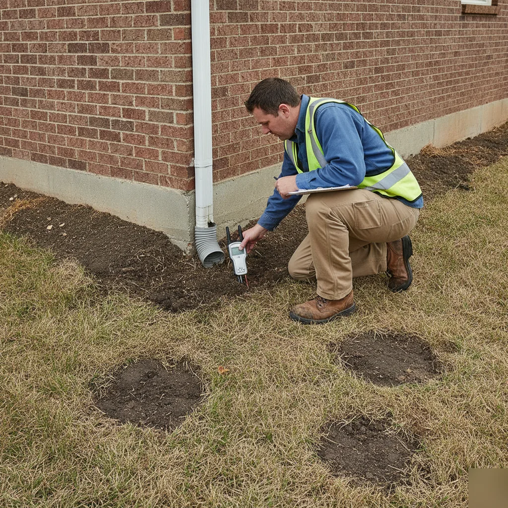 Structural engineer taking an exterior foundation moisture reading at a Chesterfield home