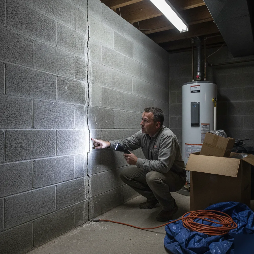 Homeowner examining a crack in a basement wall before scheduling a foundation inspection in Clayton