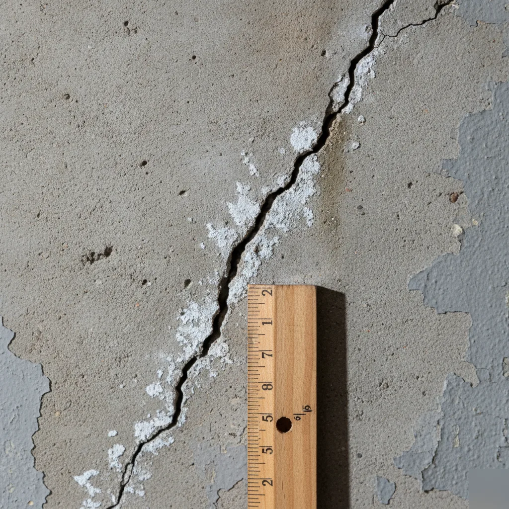 Close-up of a diagonal crack in a basement wall indicating potential foundation movement in Clayton