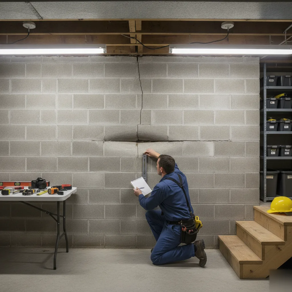 Structural engineer measuring a basement wall crack during a foundation inspection in Clayton