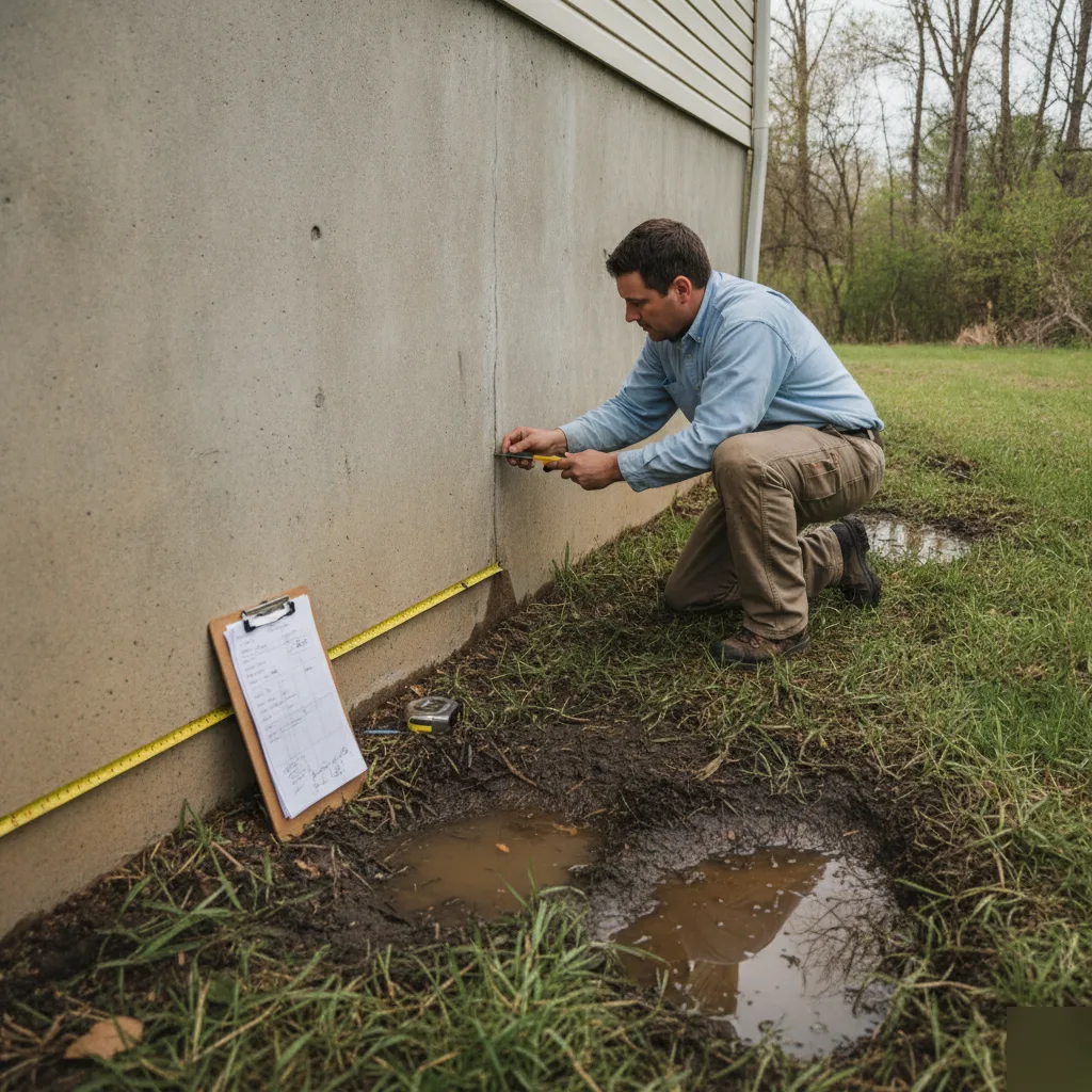 Structural engineer assessing a crack in an exterior foundation wall on a Clayton home built on clay soil