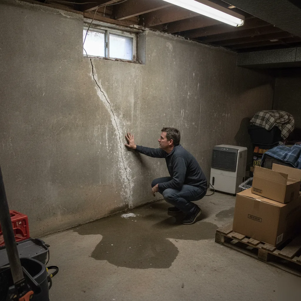 Foundation wall crack in a Clayton basement caused by wet spring soil pressure