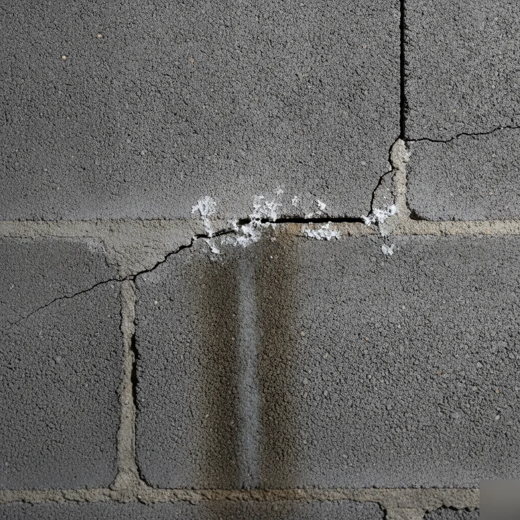 Stair-step crack pattern in a concrete block foundation wall from seasonal soil movement in Clayton
