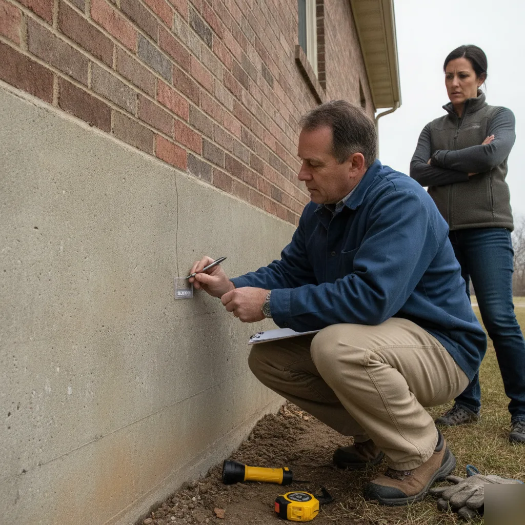 Engineer measuring a foundation crack during a follow-up structural evaluation in Chesterfield