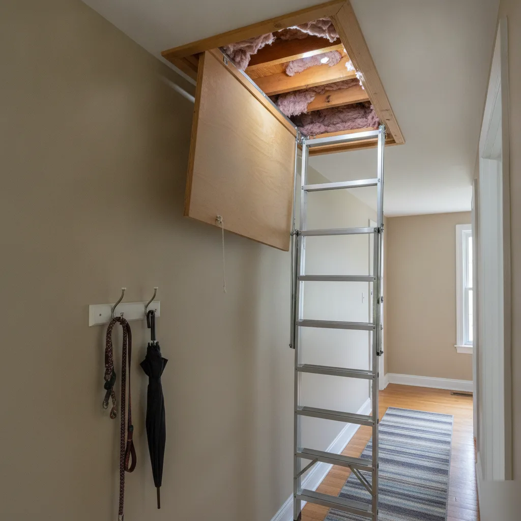 Open attic access panel prepared for a structural inspection in a Chesterfield home