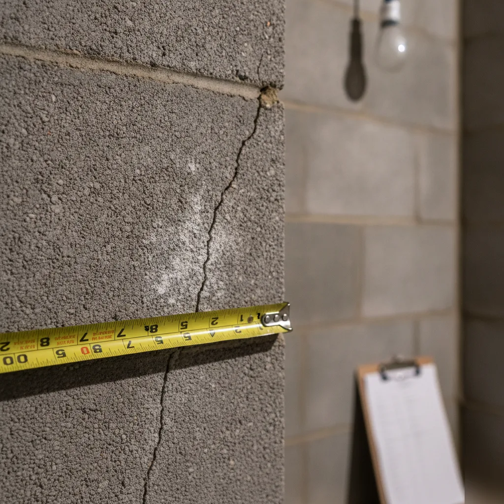 Structural engineer inspecting a foundation crack in a Clayton basement after the homeowner cleared the area